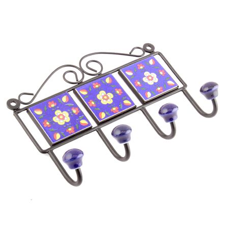 Navy Blue And Yellow Floral Tiles Hooks